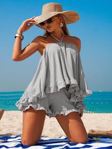 Swim Vcay 女士夏季度假沙滩新款法式休闲条纹无肩带吊带背心荷叶边露背性感泳衣罩衫