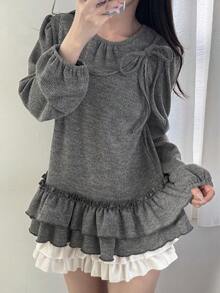 FRIFUL Áo thun nữ 2 trong 1, áo hai dây phối vải, áo khoác ngoài phối vải, áo thun ôm dáng ôm vừa vặn, kiểu dáng ngọt ngào, thường ngày, có nơ và bèo nhún. - Xám - Xem 3