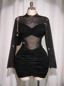 SHEIN ICON 大码女式性感夜店装黑色迷你连衣裙 - 黑色 - 查看 5
