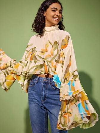 Felipe Marques Floral Print Casual Elegant Dignified Sexy Bohemian Country Style Chiffon Blouse, Suitable For Daily Wear, Travel, Vacation, Date, Party, Christmas, Valentine's Day