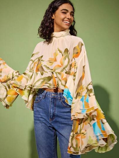 Felipe Marques Floral Print Casual Elegant Dignified Sexy Bohemian Country Style Chiffon Blouse, Suitable For Daily Wear, Travel, Vacation, Date, Party, Christmas, Valentine's Day