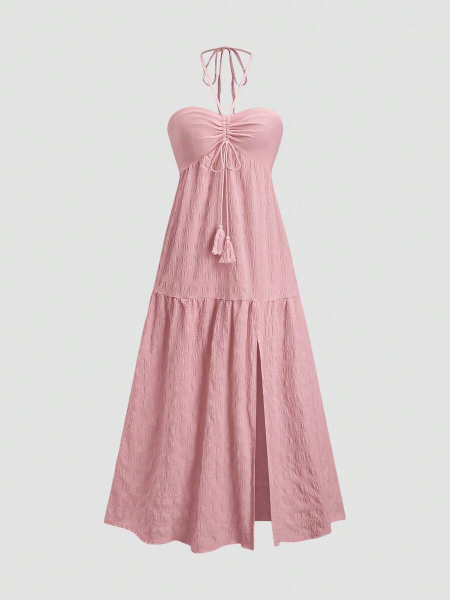 Sweetra 女士长裙，春季新款，欧美夏季设计，系带露背吊带，露肩，性感露背，纹理面料，适合度假、休闲、派对、节日等场合。 - 粉色 - 查看 1