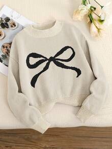 SHEIN Tween Girls' Apricot Cute Casual Contrast Black Butterfly Round Neck Long Sleeve Cropped Sweater Top, Suitable For Spring, Autumn, Winter, Clean Girl Style, Chinese New Year, Valentine's Day - Apricot - View 3