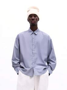 Áo sơ mi dài tay cổ bẻ dáng rộng SUMWON kẻ sọc, thích hợp mặc thường ngày, công sở, trang trọng, mùa xuân hè. - Màu xanh lam - Xem 3