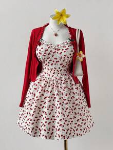 Sweetra 大码女装两件套：樱桃印花连衣裙，复古优雅设计，搭配时尚荷叶边领长袖外套，适合日常穿着、返校季、春季、夏季、秋季、假期、热带风情、优雅、度假、可爱、派对、飘逸、下午茶、早午餐等多种场合，散发优雅的女性魅力。 - 彩色 - 查看 6