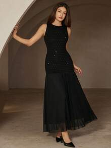 Chiquease 优雅派对度假连衣裙，黑色水钻网纱拼接A字修身连衣裙，无袖，后背隐形拉链。 - 黑色 - 查看 1