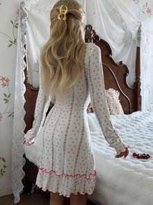 SHEIN Romantic Women's Short Dress With Floral Pattern, Bow Decor And Ruffle Hem Long Sleeve Nightgown, Winter - White - View 2