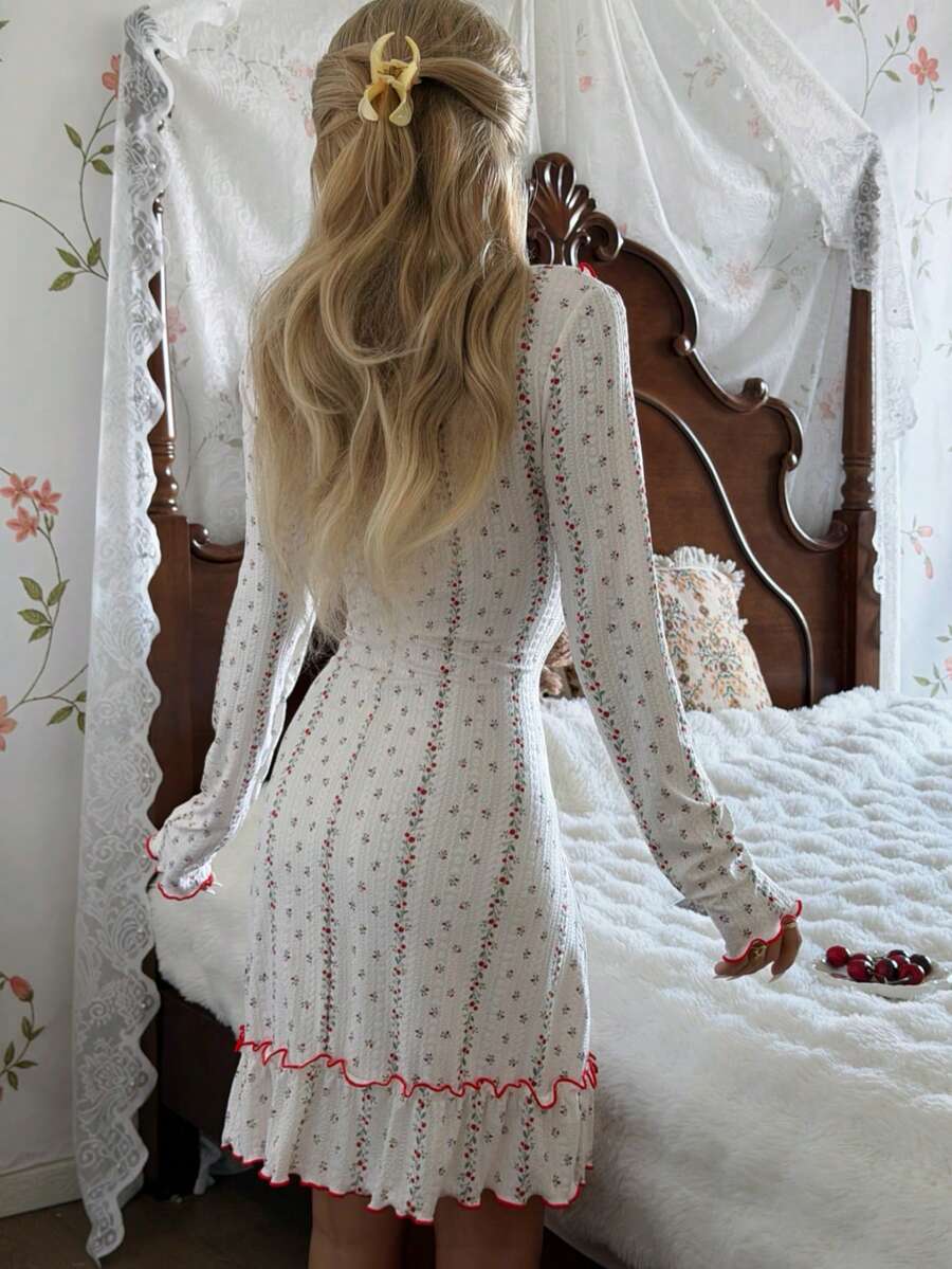 SHEIN Romantic Women's Short Dress With Floral Pattern, Bow Decor And Ruffle Hem Long Sleeve Nightgown, Winter - White - View 1