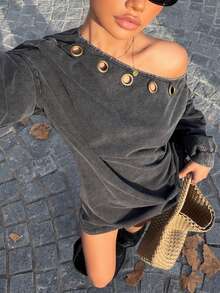 Muchica 女士新款复古做旧宽松斜肩镂空设计长袖迷你连衣裙 - 黑色 - 查看 5