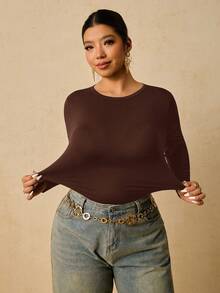 Travachic 加大码女式黑色长袖圆领保暖内衣，腰部褶皱收腹T恤 - 棕色 - 查看 7