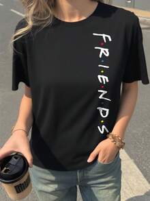 FRIENDS X SHEIN Áo thun nữ cổ tròn tay ngắn dáng rộng thoải mái, thích hợp cho mùa hè, áo thun họa tiết - màu đen - Xem 6