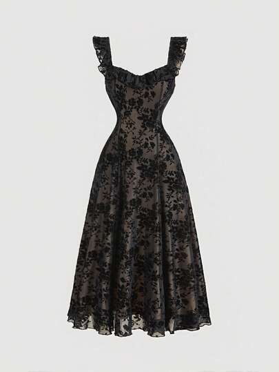 SHEIN MOD 女士印花荷叶边蕾丝装饰连衣裙，正式礼服，舞会礼服，邮轮度假女装，万圣节礼服，90年代风格服装，返校节礼服，伴娘礼服，沙滩装，女巫礼服，荷叶边连衣裙，黑色蕾丝连衣裙，文艺复兴风格连衣裙