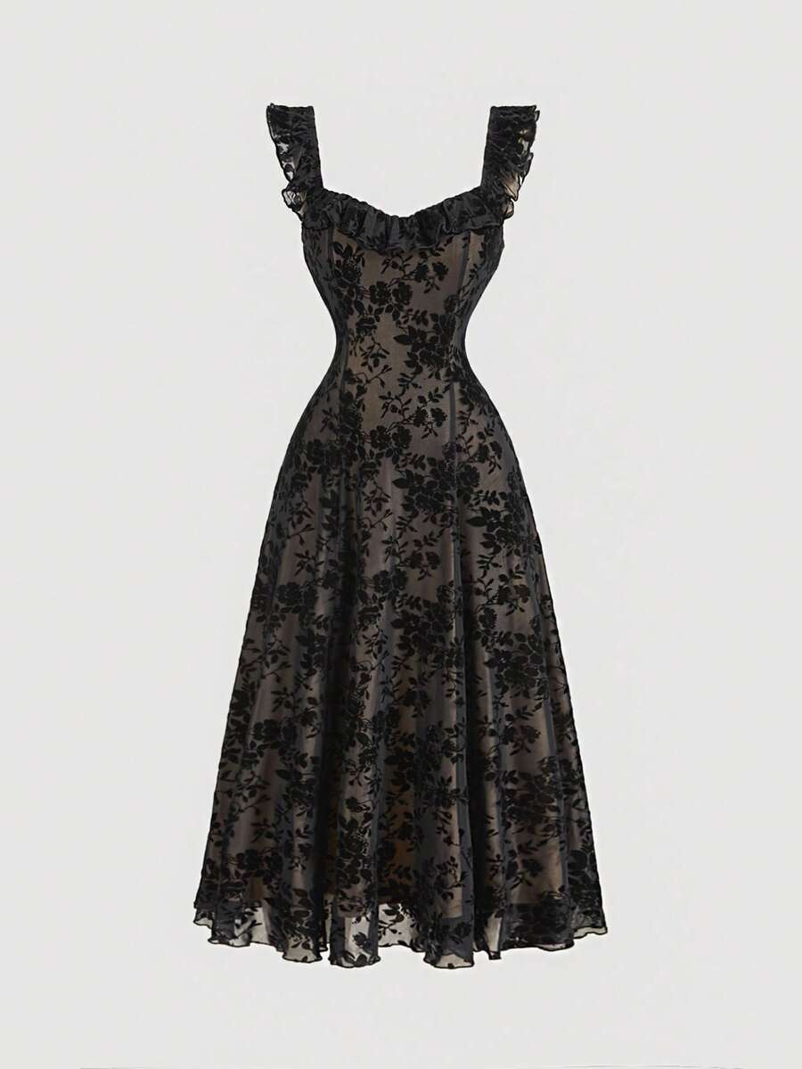 SHEIN MOD Váy ren viền bèo họa tiết hoa dành cho nữ, Váy trang trọng, Váy dạ hội, Trang phục du ngoạn cho nữ, Váy Halloween, Trang phục thập niên 90, Váy dạ hội, Váy phù dâu, Trang phục đi biển cho nữ, Váy phù thủy, Váy bèo, Váy ren đen, Váy thời Phục Hưng - màu đen - Xem 1