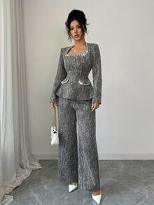 Modelyn Ensemble femme élégant composé d'un Top à manches longues avec épaules matelassées, col en U, perles, taille froncée et faux poches, en tweed gris, et d'un pantalon droit, pour l'automne - Gris - Voir 5