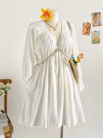 Soleia 大码女式白色亚麻长袖贝壳流苏休闲迷你连衣裙