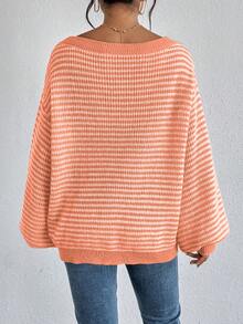SHEIN VCAY Áo len chui đầu trễ vai kẻ sọc ngang dành cho nữ cỡ lớn, phong cách công sở thường ngày, đi nghỉ mát, đồng quê. - Màu Hồng  San hô - Xem 2