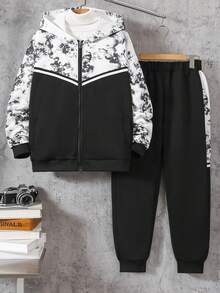 Vacaura 2pcs Teenage Casual Black & White Contrast Knit Jacket Set, Suitable For Autumn & Spring - Black - View 4