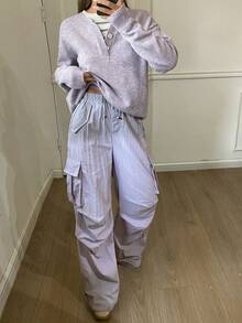 DAZY Quần ống rộng xếp ly phối màu Tie Dye dành cho nữ, quần ống rộng túi rộng thoải mái - Màu tím - Xem 3