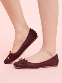 CUCCOO DOLLMOD Fashionable Shiny Comfortable Bow Tie Burgundy Flat Shoes For Christmas - Burgundy - View 3