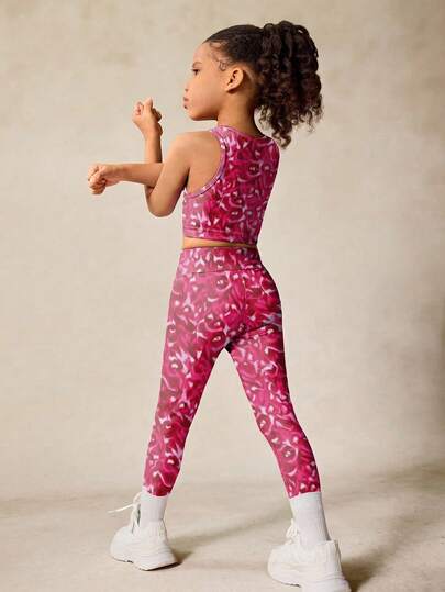 SHEIN 2件套女童扎染印花弹力吊带背心和运动裤瑜伽服，配套套装，返校季