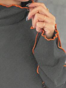 FRIFUL Women's Turtleneck Contrast Color T-Shirt With Contrast Ruffle Hem, Multi-Layer Ruffled Flared Sleeves, Fitted Long Sleeve Top - Dark Grey - View 4