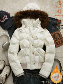 Glimmora Fashionable Retro Y2K White Hooded Faux Fur Collar Waist Cropped Down Jacket - White - View 1