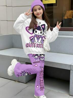 SHEIN مجموعة قميص ثقيل رياضي بياقة طاقم وأكمام طويلة بفضفاضة للفتيات الصغيرات، موسم الخريف/الشتاء، طباعة كرتونية كلاسيكية جميلة للقطط والقلوب، 2 قطعة