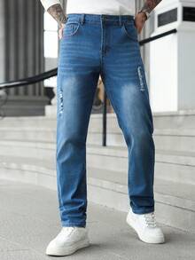 Manfinity Homme Men's Pocket Distressed Straight Loose Casual Versatile Jeans - Blue - View 3