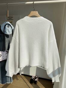 Comfortcana Cardigan Rajut Bergaris Polos Kasual Ukuran Besar dengan Bahu Jatuh, Sweater Cardigan Putih, Pakaian Musim Gugur untuk Wanita - Putih - View 2