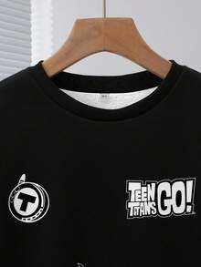 Teen Titans Go X SHEIN Áo nỉ cổ tròn in họa tiết hoạt hình và chữ cái thường ngày cho bé trai tuổi mới lớn, mùa thu - trắng - Xem 4