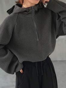 FRIFUL Women's Waffle Texture Fabric Half-Zip Hooded Loose Sweatshirt - Grey - View 1