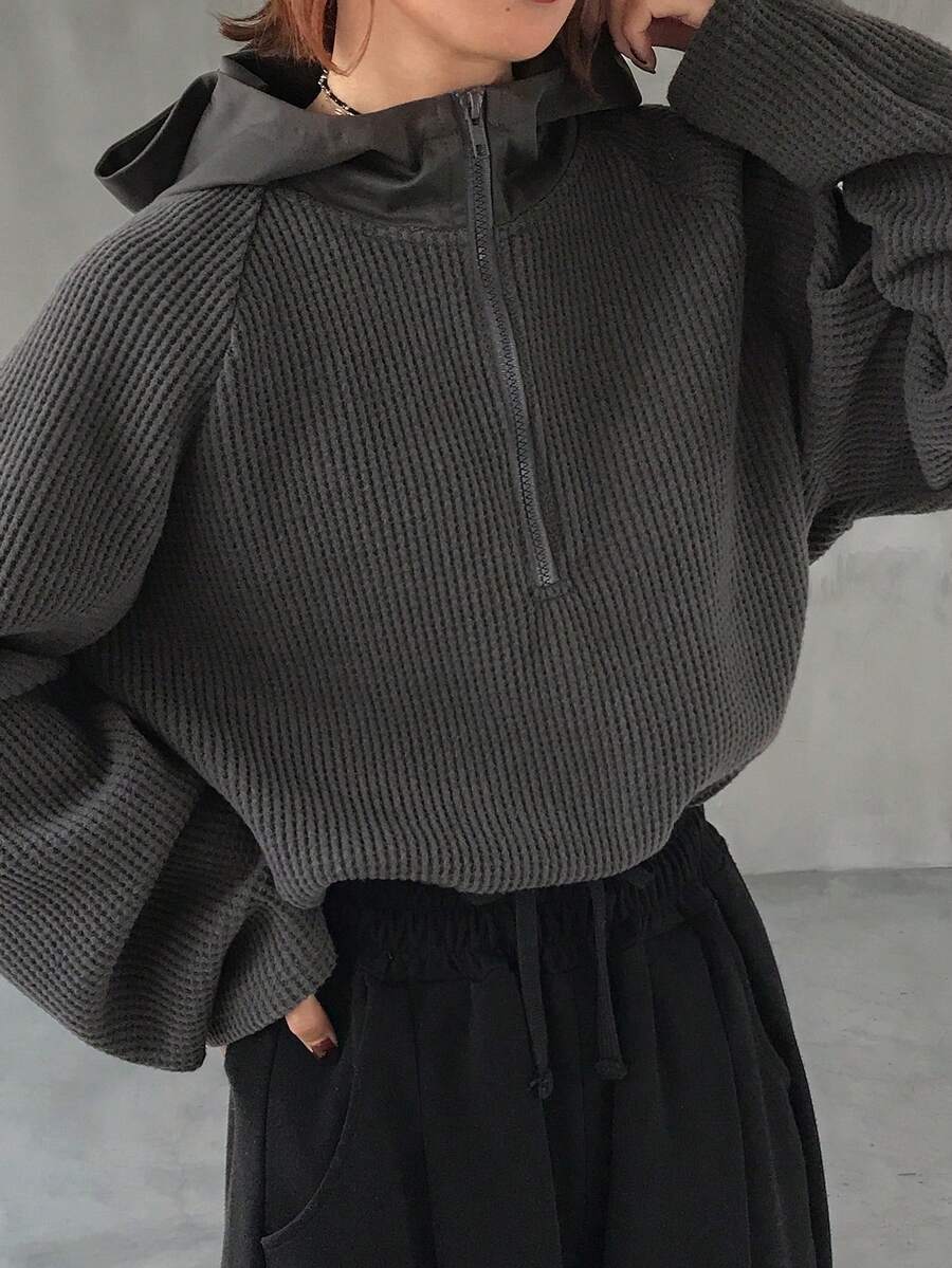 FRIFUL Women's Waffle Texture Fabric Half-Zip Hooded Loose Sweatshirt - Grey - View 1