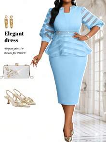 Fleurora 春夏秋冬优雅通勤办公端庄派对音乐会/音乐节卡其色针织撞色网纱中长七分袖大码连衣裙 - 藍色 - 查看 6