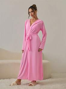 HautHeat Women's Solid Color Long Sleeve Belted Casual Robe - Pink - View 3