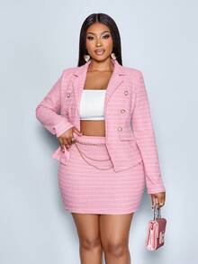SOLERSUN Plus Size Women's Blush Pink Autumn Elegant Formal Office Two Pieces Set,Long Sleeve Irregular Hem Suit Jacket&Mini Bodycon Skirt Texture Jacquard - Pink - View 4
