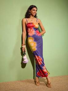 Felipe Marques Women's Floral Print Bodycon Off Shoulder Backless Sleeveless Sexy Maxi Dress, Casual For Spring/Autumn Vacation, Party, Evening, Purple - Purple - View 3