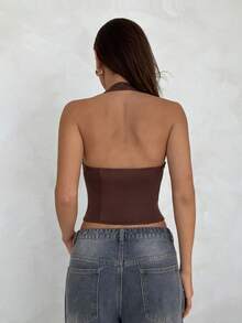 Aloruh Women's Brown Textured Knit Crew Neck Long Sleeve Fitted Sweater, Autumn/Winter - Brown - View 2