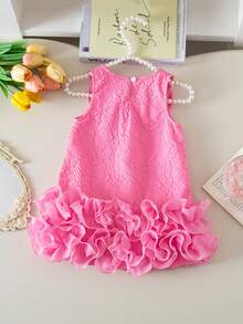 SHEIN Baby Girls' Elegant Sleeveless Bow Decor Ruffle Mesh Dress, Minimalist Fashion For Spring/Summer - Pink - View 2