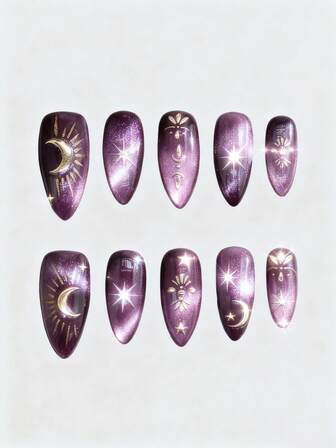 Fairycore 10pcs Sun, Moon & Star Handmade False Nails + 3 Sheets Double-Sided Adhesive, Removable Purple Ombre Painted Nail Art Stickers, High-Quality Shiny Colored Cat Eye Nail Decals, Suitable For Holidays, Parties, Dancing & Daily Wear