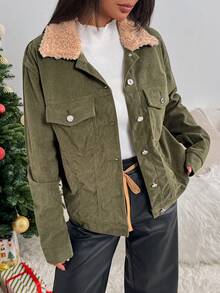 Rivivi Women's Casual Versatile Y2K Retro Corduroy Thermal Lined Thickened Regular Jacket - Green - View 3