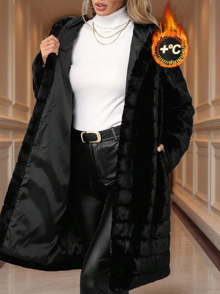 SHEIN Clasi 大码纯色连帽仿毛皮外套，秋冬季