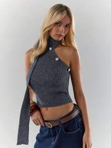 Glamine 女士时尚罗纹露肩系带针织衫 - 灰色 - 查看 1