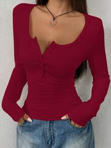 INAWLY Camiseta de manga larga de unicolor casual para mujer, versátil para el otoño - Burdeos - Ver 4