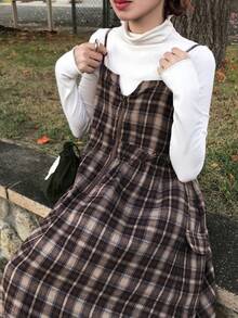 FRIFUL 女士休闲日常通勤学院风印花拉链前开襟纸袋腰吊带中长连衣裙，春夏秋季连衣裙