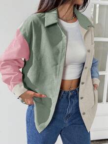 SHEIN EZwear 撞色落肩字母拼接灯芯绒外套罩衫夹克夏季短款夹克女式夹克街头风女装 - 彩色 - 查看 8