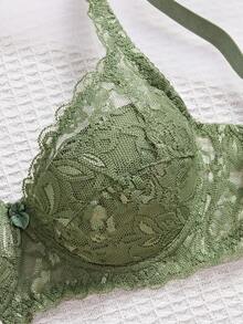 Women's Army Green Lace Push Up Bra Elegant Scallop Details Plain Fantasy Style Lingerie - Army Green - View 4