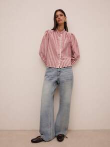 Nöista 竖条纹衬衫，立领，长泡泡袖，前襟荷叶边，褶皱袖口。完美增添复古风情。 - 紅色 - 查看 6