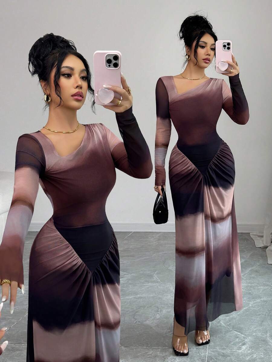 Elenzga 日落复古优雅针织网纱扎染印花连衣裙，时尚不对称领口褶皱修身显瘦高弹力隐形肚脐荷叶边下摆百搭假日女装 - 彩色 - 查看 1