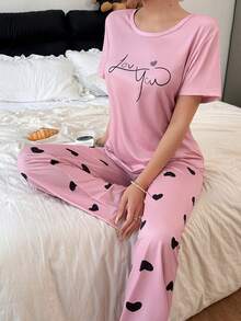 2pcs Women Letter & Heart Print Casual Pajama Set Pink Pajamas Set Cute Sleep Wear Women Curve Pajamas Set Heart Pajama Set Cute Lounge Wear - Pink - View 1
