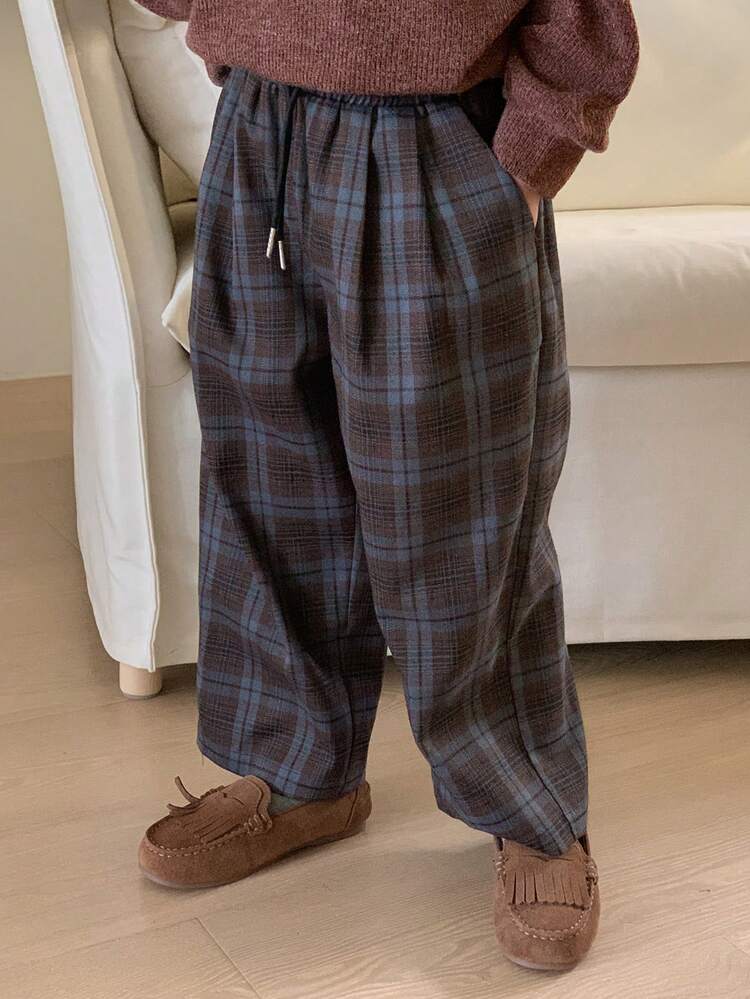 Young Boy Drawstring Waist Plaid Pocket Wide Leg Loose Pants